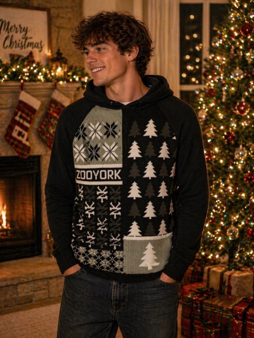 Zoo York Christmas Hoodie Men’s XL Black Gray Patchwork Knit Pullover  Sweater
